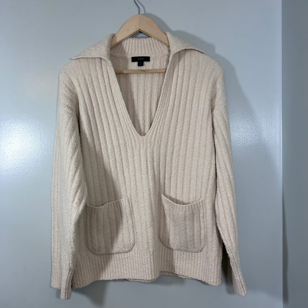 J.Crew Cream Ribbed Boucle V-Neck Sweater with Pockets Small Ivory Cotton Blend